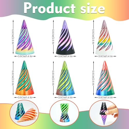 6-Pack Impossible Cone Fidget Toys – 3D Printed Spiral Pyramid Passthrough Sculptures, Stress Relievers for Adults & Kids (6 Colors)