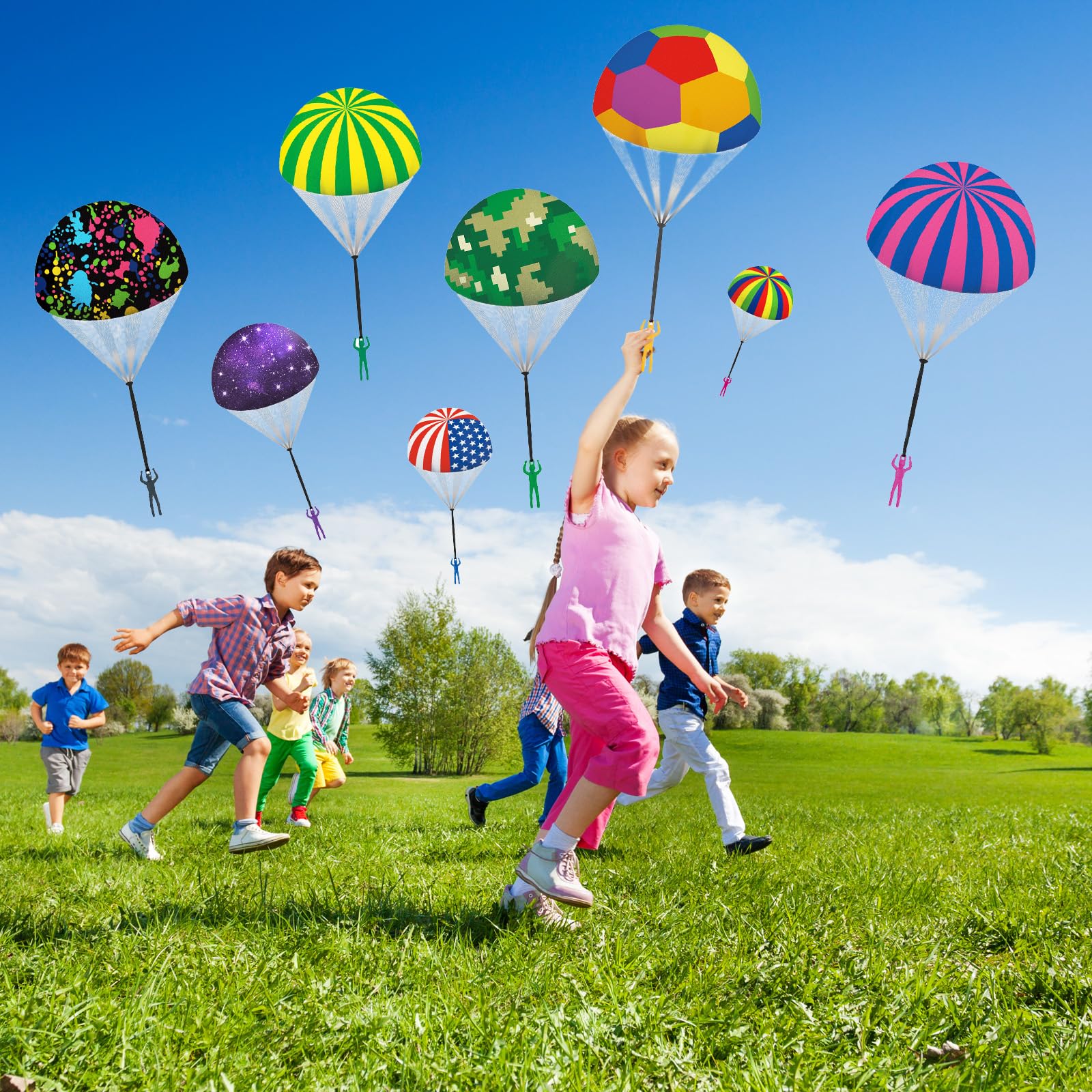 6-Pack Outdoor Parachute Toys with Colorful Patterns and Small Figures for Kids Ages 3-12