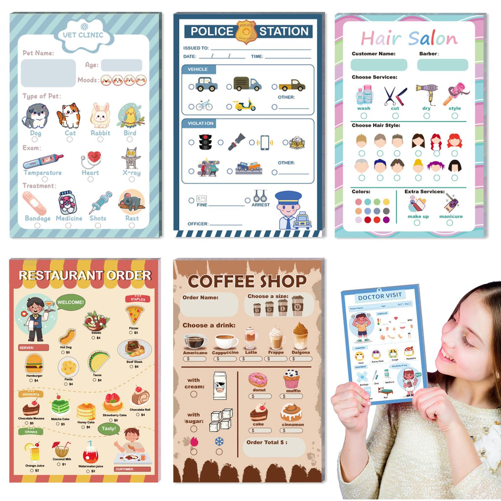 6-Pack Pretend Play Notepads for Kids – 4x6 Inch Themed Role-Play Pads (30 Sheets Each, Ages 3-5)