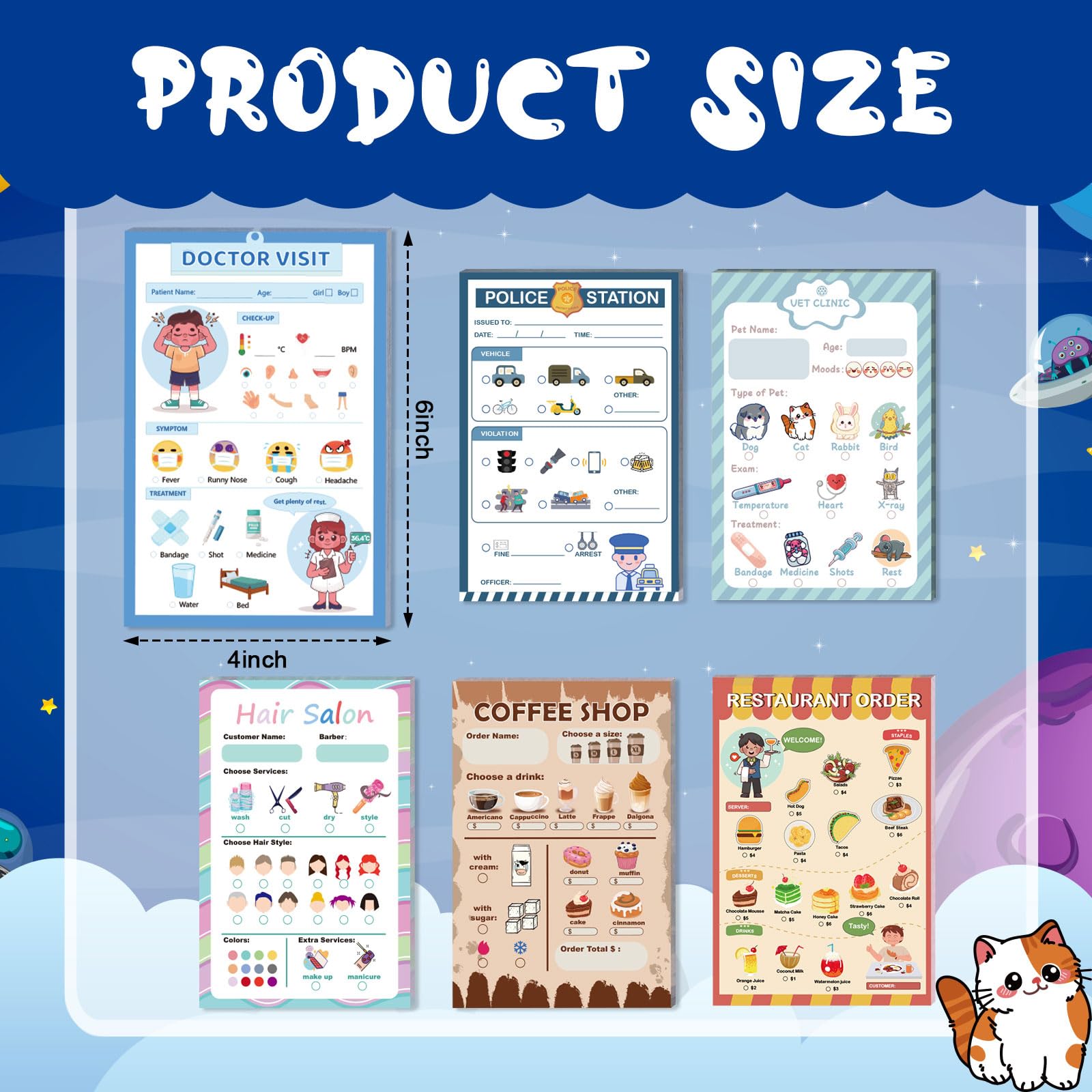 6-Pack Pretend Play Notepads for Kids – 4x6 Inch Themed Role-Play Pads (30 Sheets Each, Ages 3-5)