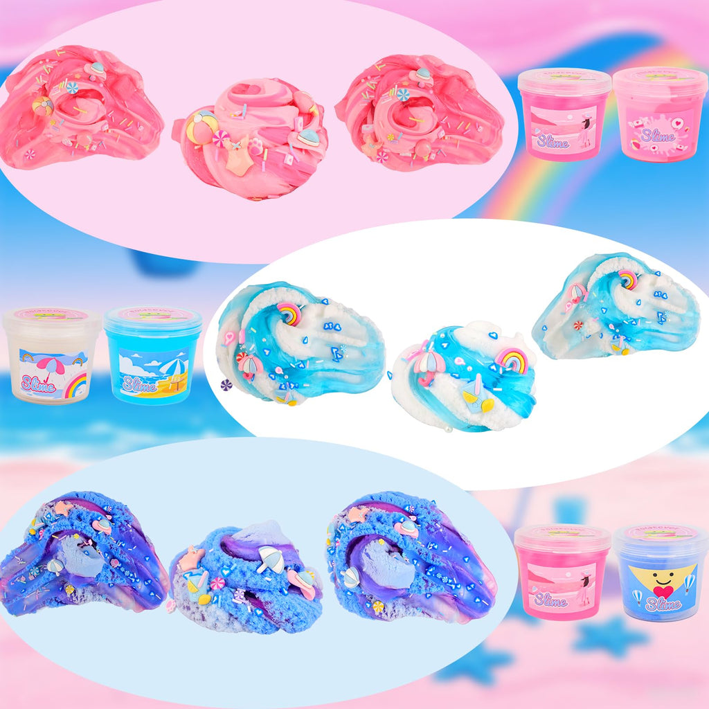 6-Pack Slime Set – Butter, Cloud & Clear Slimes with 12 Vacation Accessories, Sensory Toy for Kids Ages 4-12