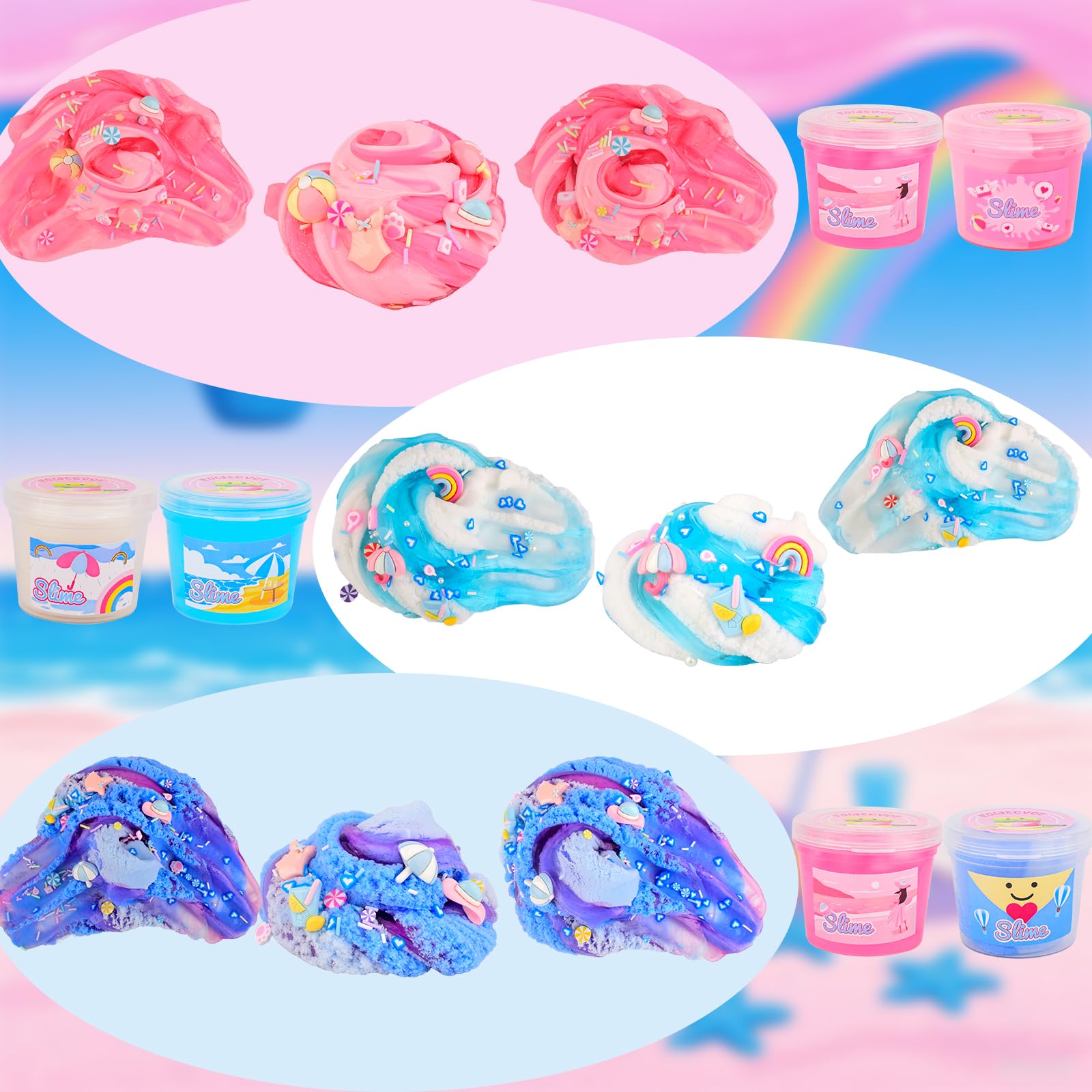 6-Pack Slime Set – Butter, Cloud & Clear Slimes with 12 Vacation Accessories, Sensory Toy for Kids Ages 4-12