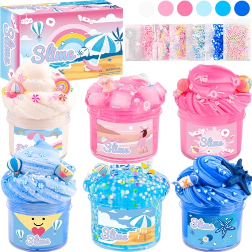 6-Pack Slime Set – Butter, Cloud & Clear Slimes with 12 Vacation Accessories, Sensory Toy for Kids Ages 4-12