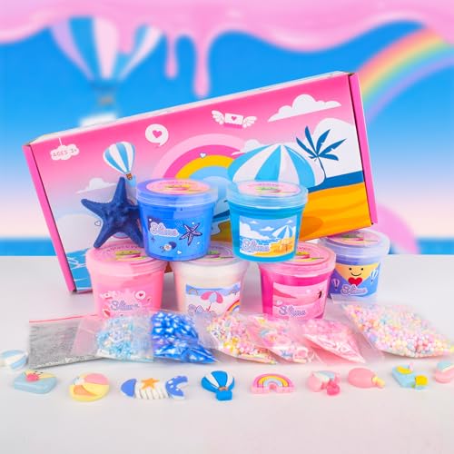 6-Pack Slime Set – Butter, Cloud & Clear Slimes with 12 Vacation Accessories, Sensory Toy for Kids Ages 4-12