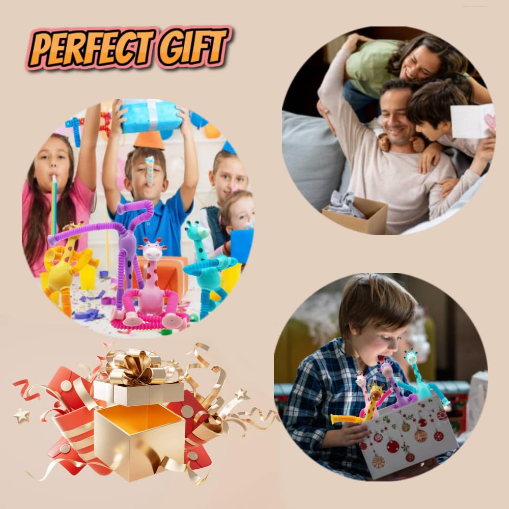 6-Pack Telescopic Suction Cup Giraffe Pop Tubes – Sensory Fidget Toys for Kids, Classroom Prizes & Travel