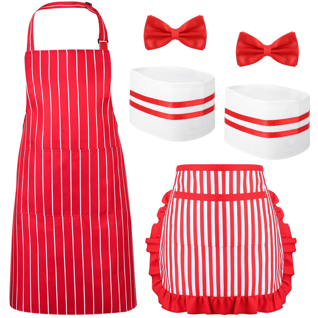 6-Piece 1950s Waiter Costume Kit – Red & White Striped Aprons, Chef Hats & Bow Ties for Themed Parties