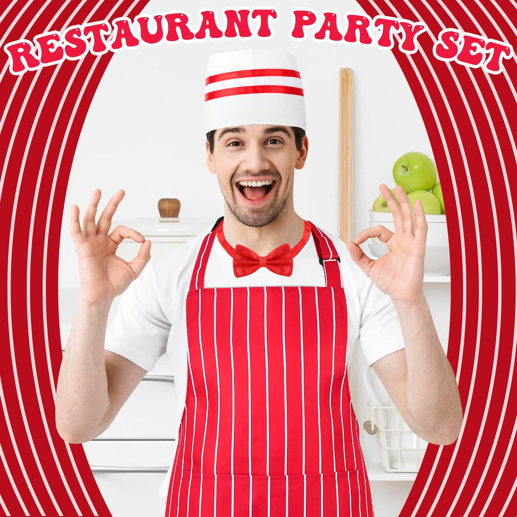6-Piece 1950s Waiter Costume Kit – Red & White Striped Aprons, Chef Hats & Bow Ties for Themed Parties