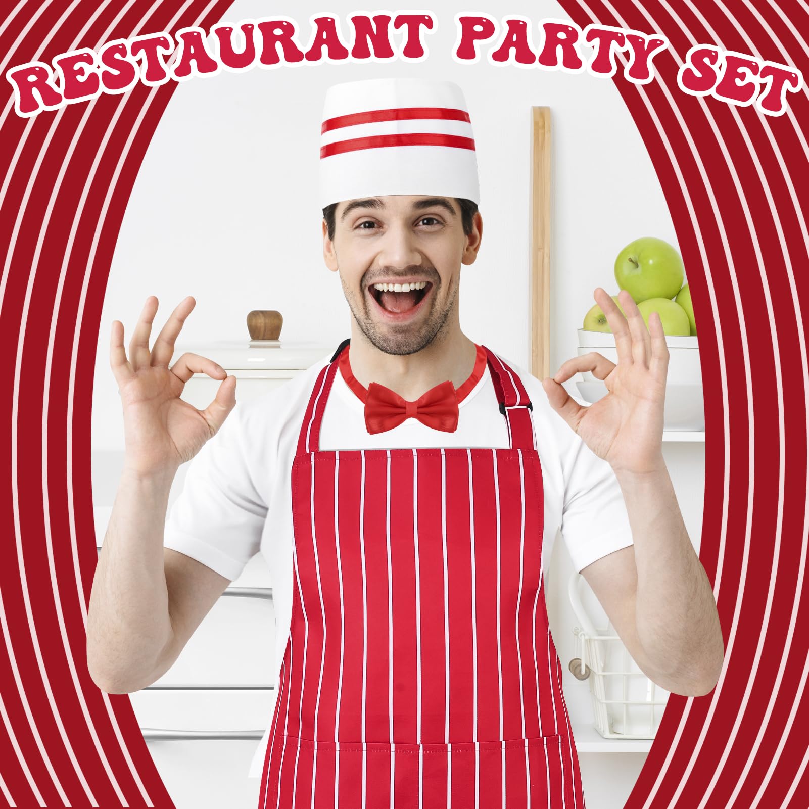 6-Piece 1950s Waiter Costume Kit – Red & White Striped Aprons, Chef Hats & Bow Ties for Themed Parties