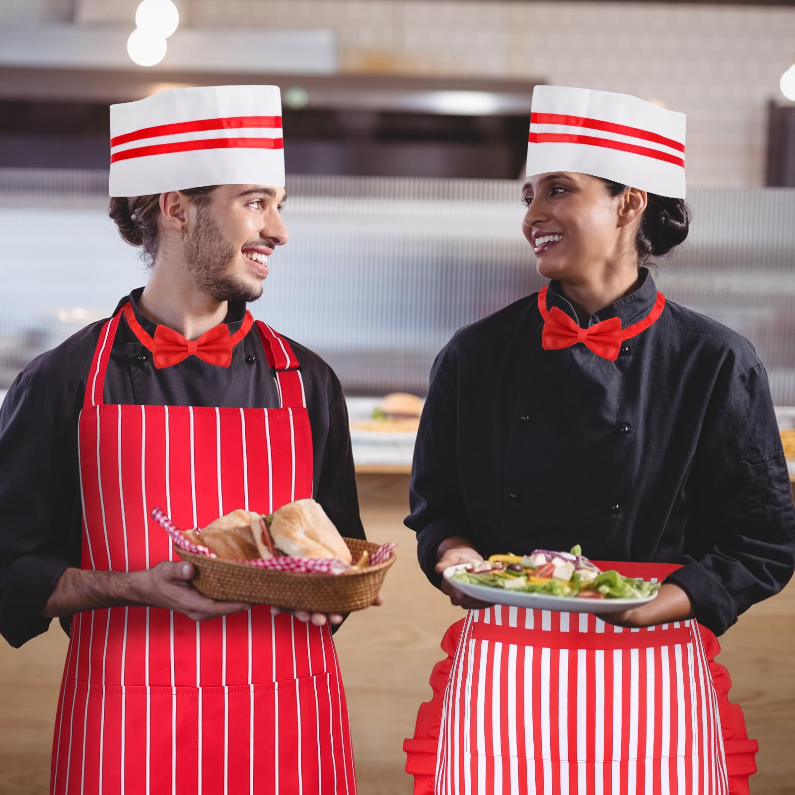 6-Piece 1950s Waiter Costume Kit – Red & White Striped Aprons, Chef Hats & Bow Ties for Themed Parties
