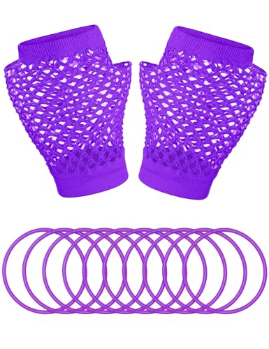 6-Piece 80s Fancy Dress Accessory Set – Neon Fishnet Gloves, Lace Headband, Earrings, Necklace, Bracelets, Leg Warmers for Women's Costume Party
