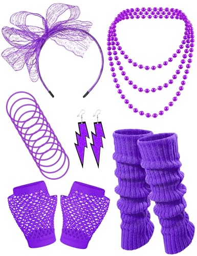 6-Piece 80s Fancy Dress Accessory Set – Neon Fishnet Gloves, Lace Headband, Earrings, Necklace, Bracelets, Leg Warmers for Women's Costume Party