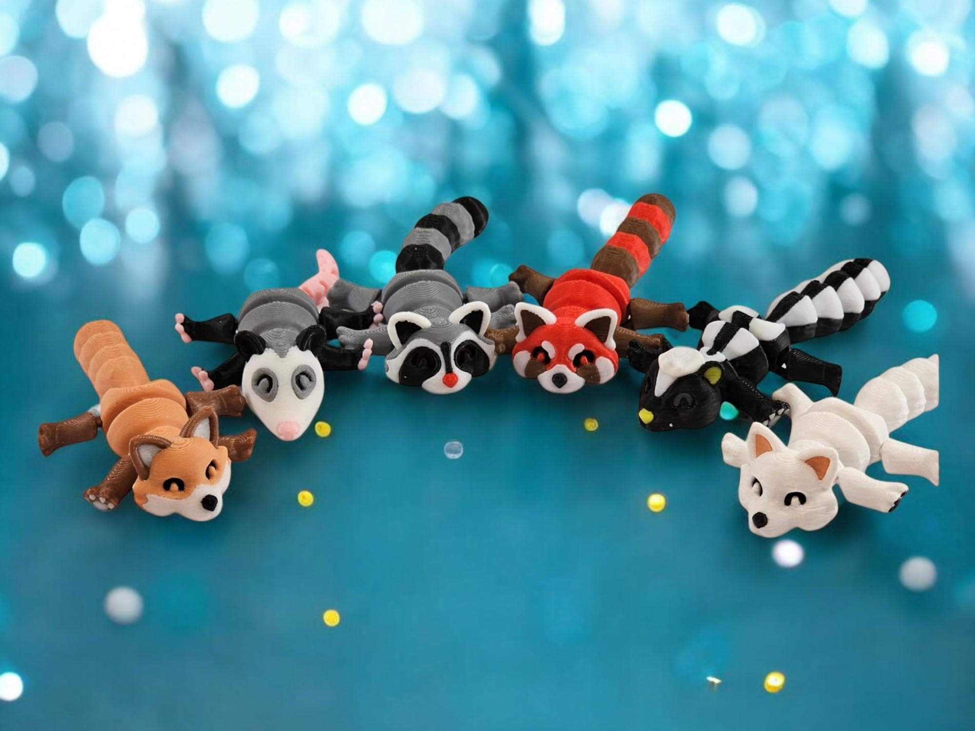 6-Piece Articulated Woodland Animal Set – 3D Printed Mini Figures with Posing Bodies (Raccoon, Fox, Skunk, Possum, Red Panda, Arctic Fox)