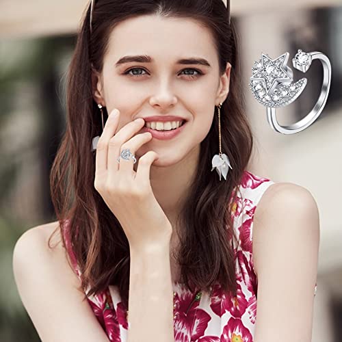 6-Piece Fidget Ring Set for Women – Adjustable Spinner Rings with Sunflower, Butterfly & Star Moon Designs by Honsny