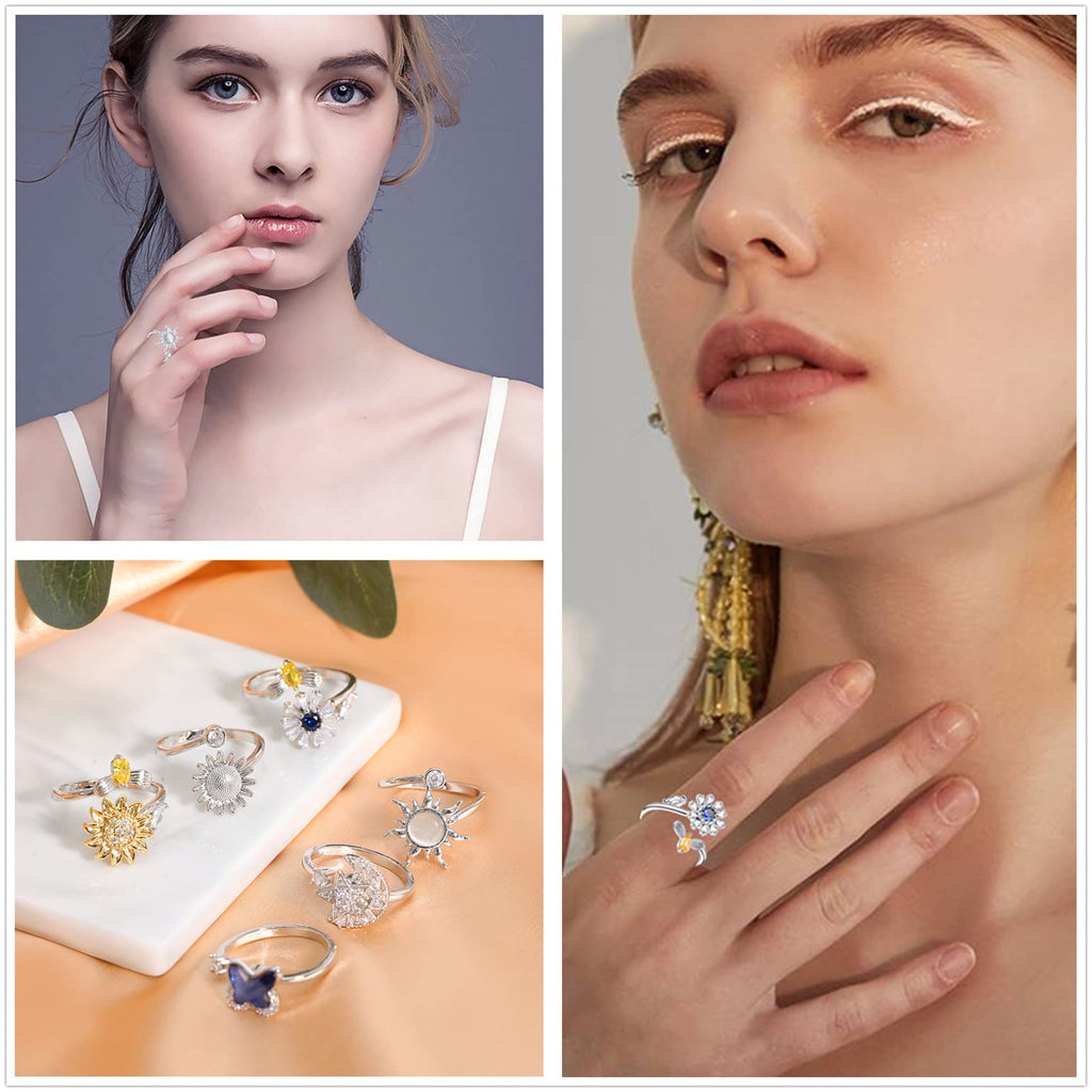 6-Piece Fidget Ring Set for Women – Adjustable Spinner Rings with Sunflower, Butterfly & Star Moon Designs by Honsny