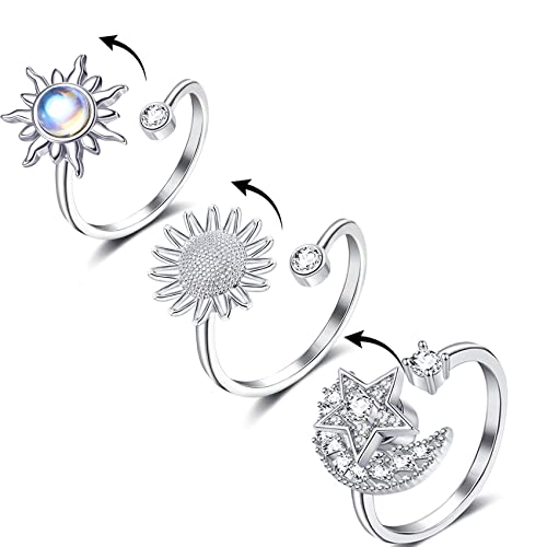 6-Piece Fidget Ring Set for Women – Adjustable Spinner Rings with Sunflower, Butterfly & Star Moon Designs by Honsny
