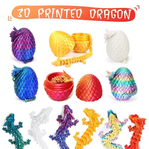 6-Piece Multicolor 3D Printed Dragon Egg Set with Articulated Dragons Inside – PLA Plastic, Threaded Twist Opening, Easter Basket Surprise Toy