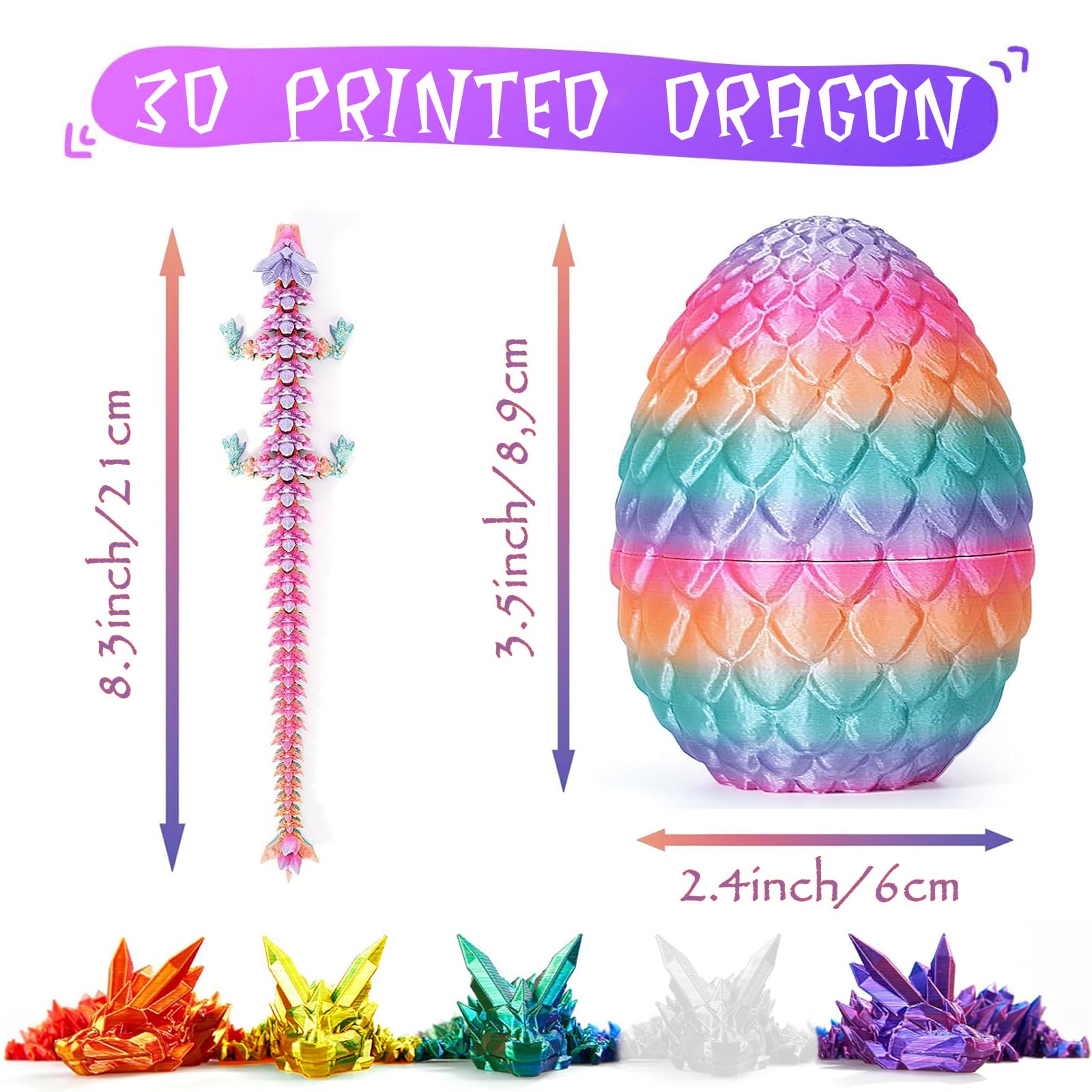6-Piece Multicolor 3D Printed Dragon Egg Set with Articulated Dragons Inside – PLA Plastic, Threaded Twist Opening, Easter Basket Surprise Toy