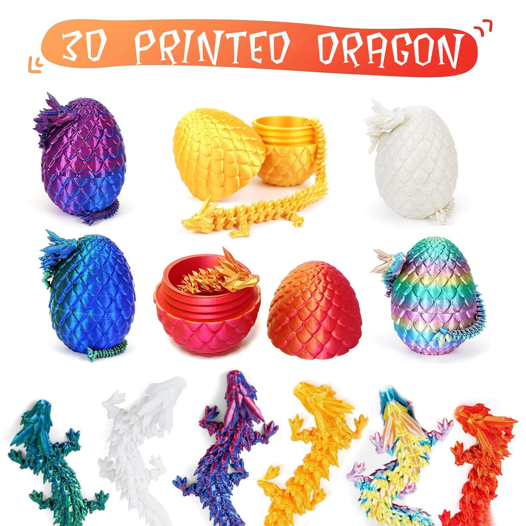 6-Piece Multicolor 3D Printed Dragon Egg Set with Articulated Dragons Inside – PLA Plastic, Threaded Twist Opening, Easter Basket Surprise Toy