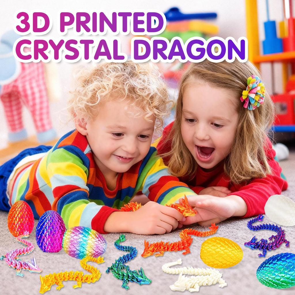 6-Piece Multicolor 3D Printed Dragon Egg Set with Articulated Dragons Inside – PLA Plastic, Threaded Twist Opening, Easter Basket Surprise Toy