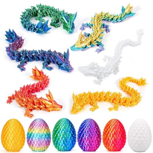 6-Piece Multicolor 3D Printed Dragon Egg Set with Articulated Dragons Inside – PLA Plastic, Threaded Twist Opening, Easter Basket Surprise Toy