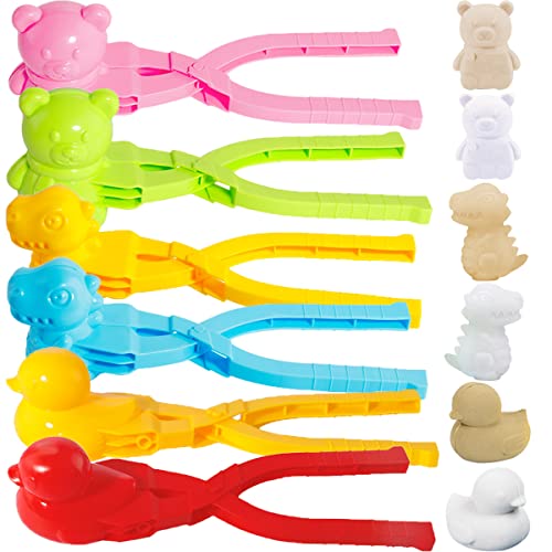 6-Piece Snowball Maker Set - Duck, Bear, Dinosaur Shapes - Outdoor Winter Play Toys for Kids (5 Colors)