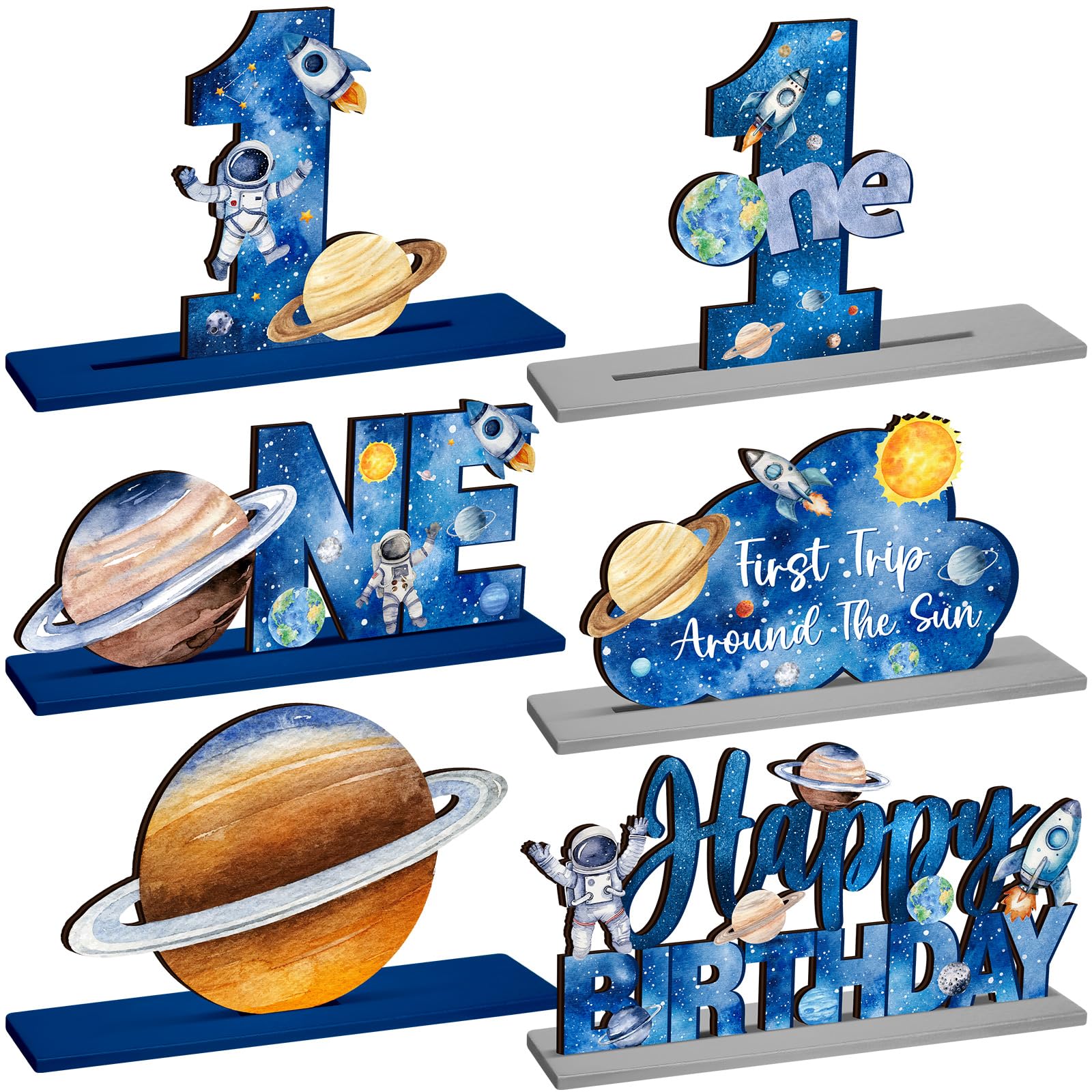 6-Piece Wooden First Birthday Space Theme Centerpieces - Planets, Rockets, Astronauts
