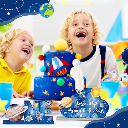 6-Piece Wooden First Birthday Space Theme Centerpieces - Planets, Rockets, Astronauts