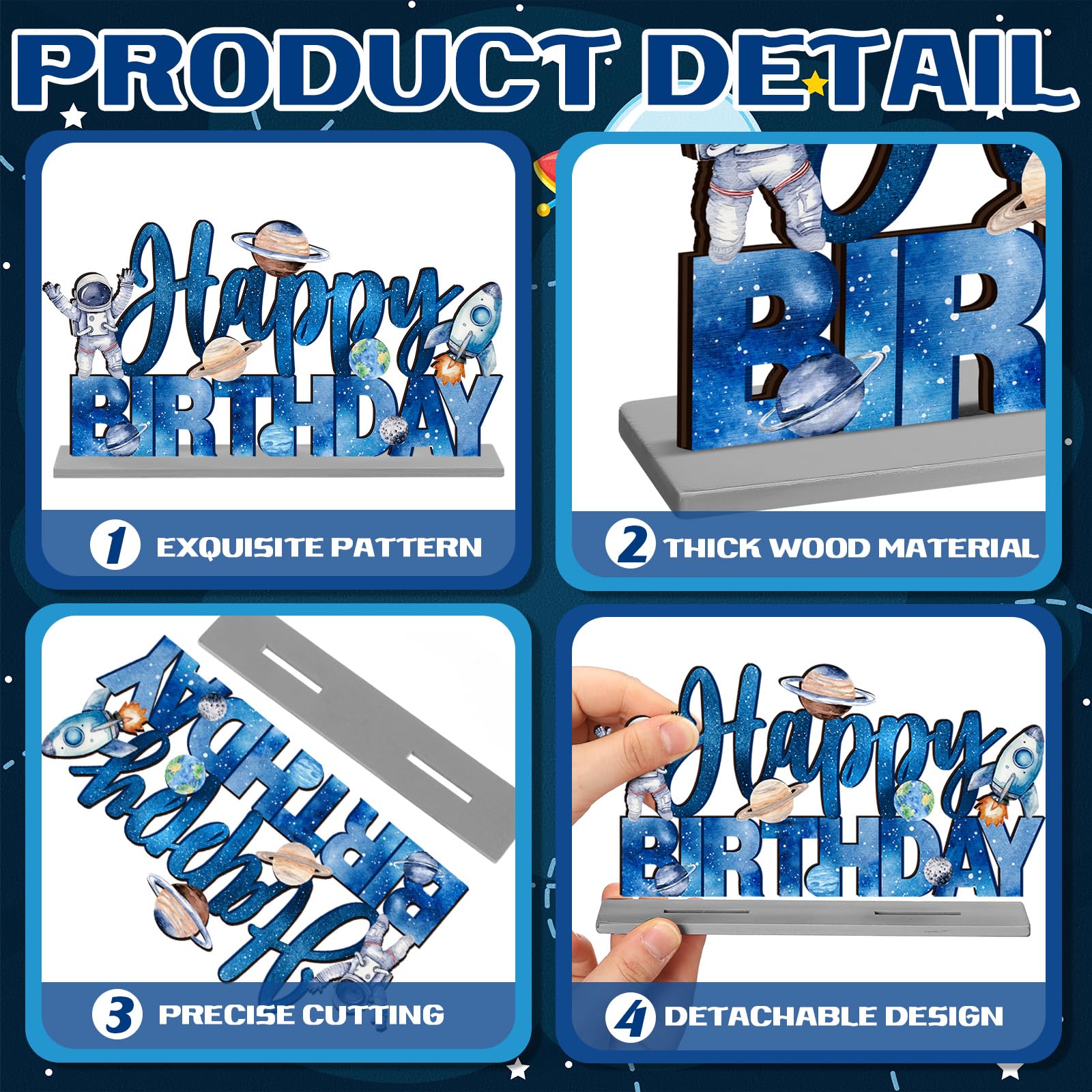 6-Piece Wooden First Birthday Space Theme Centerpieces - Planets, Rockets, Astronauts