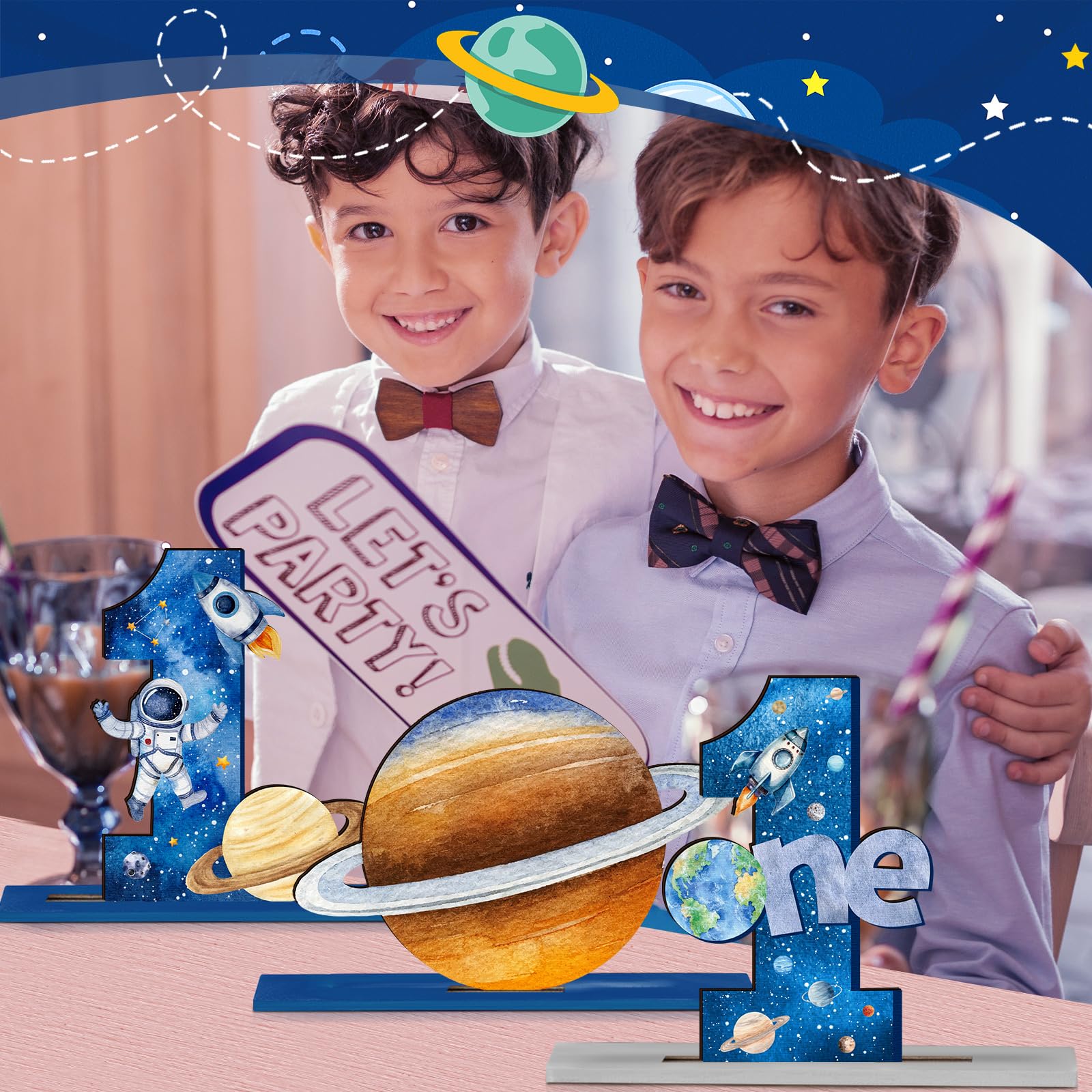 6-Piece Wooden First Birthday Space Theme Centerpieces - Planets, Rockets, Astronauts