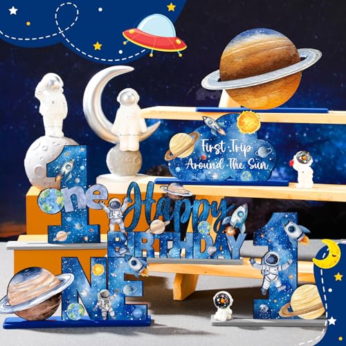 6-Piece Wooden First Birthday Space Theme Centerpieces - Planets, Rockets, Astronauts