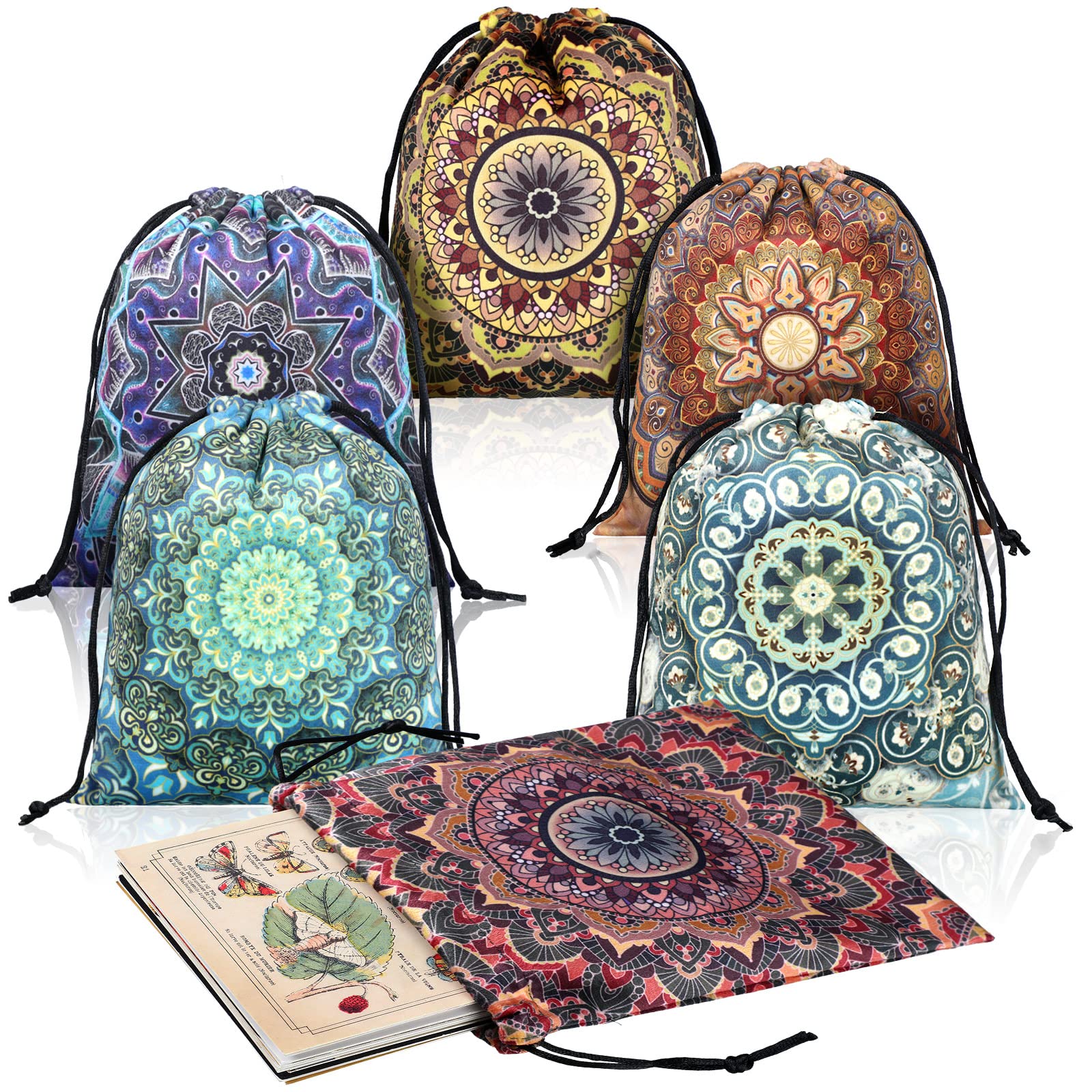 6 Velvet Drawstring Bags - Tarot Card Holder, Dice Storage, Jewelry Pouch - Set of 6 Floral Patterns - Shappy