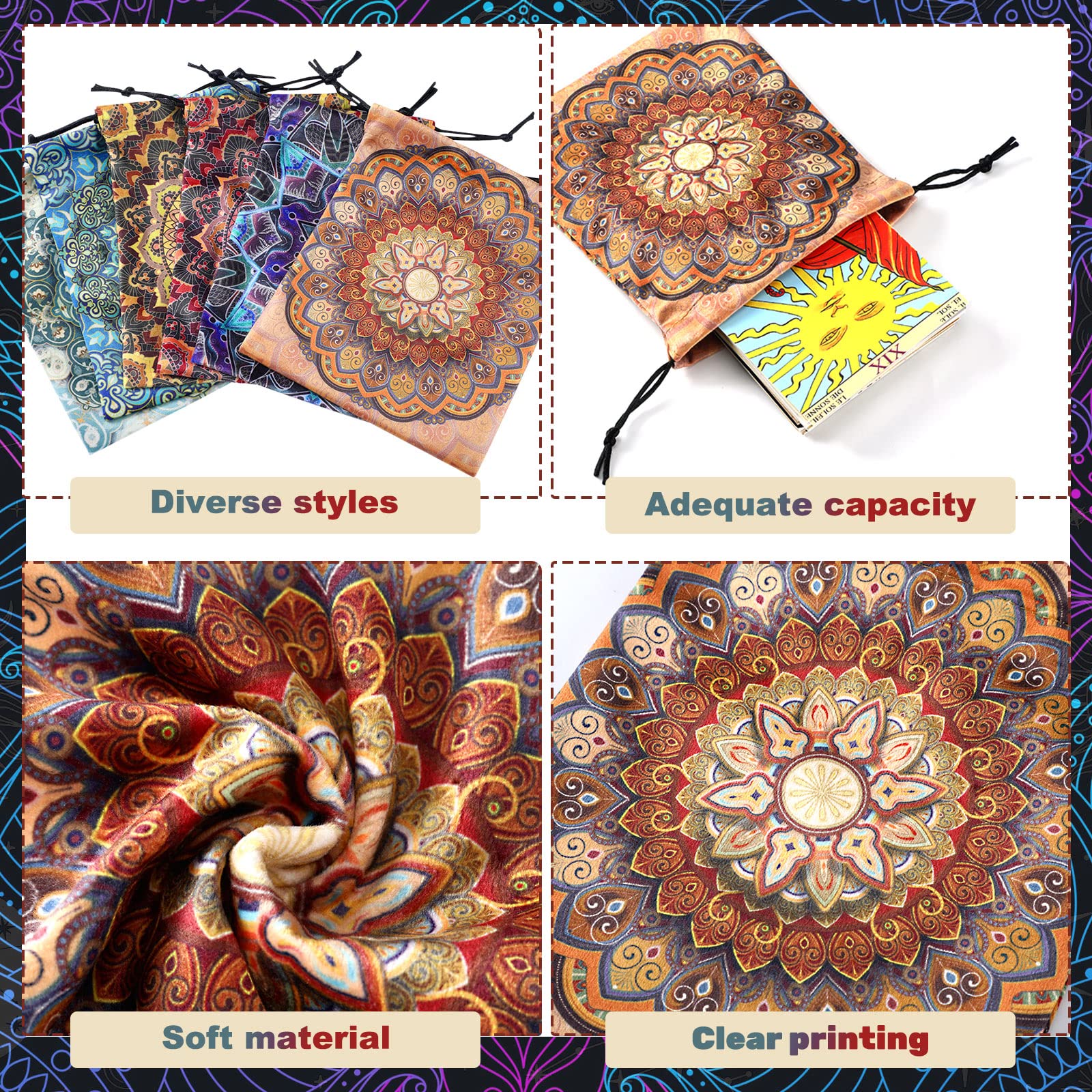 6 Velvet Drawstring Bags - Tarot Card Holder, Dice Storage, Jewelry Pouch - Set of 6 Floral Patterns - Shappy