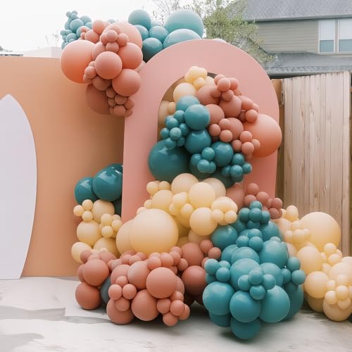 60 Boho Rainbow Balloons in Retro Teal, Slate Blue, Olive Green, Dark & Light Orange, Lemon Yellow - 12 inch Latex Party Balloons with Ribbon