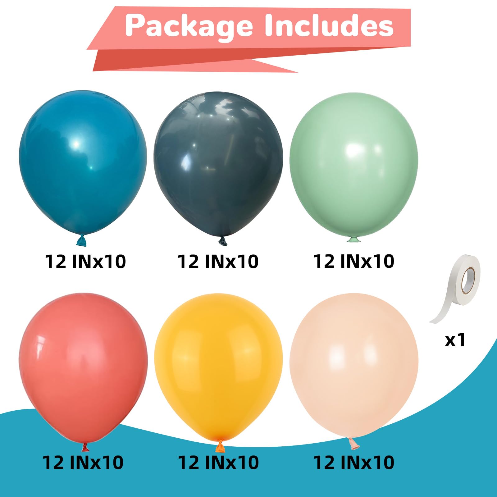 60 Boho Rainbow Balloons in Retro Teal, Slate Blue, Olive Green, Dark & Light Orange, Lemon Yellow - 12 inch Latex Party Balloons with Ribbon