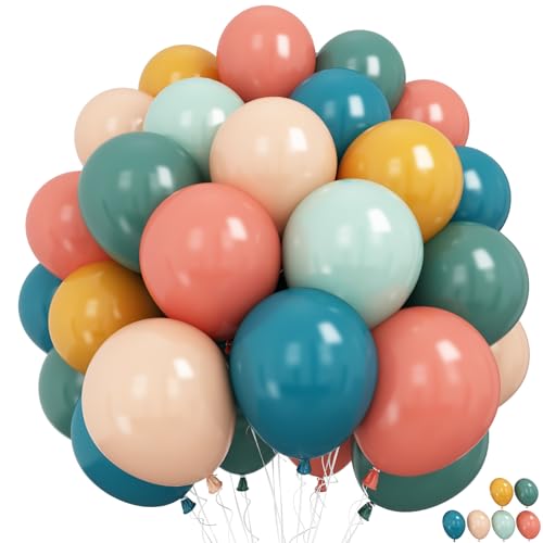 60 Boho Rainbow Balloons in Retro Teal, Slate Blue, Olive Green, Dark & Light Orange, Lemon Yellow - 12 inch Latex Party Balloons with Ribbon