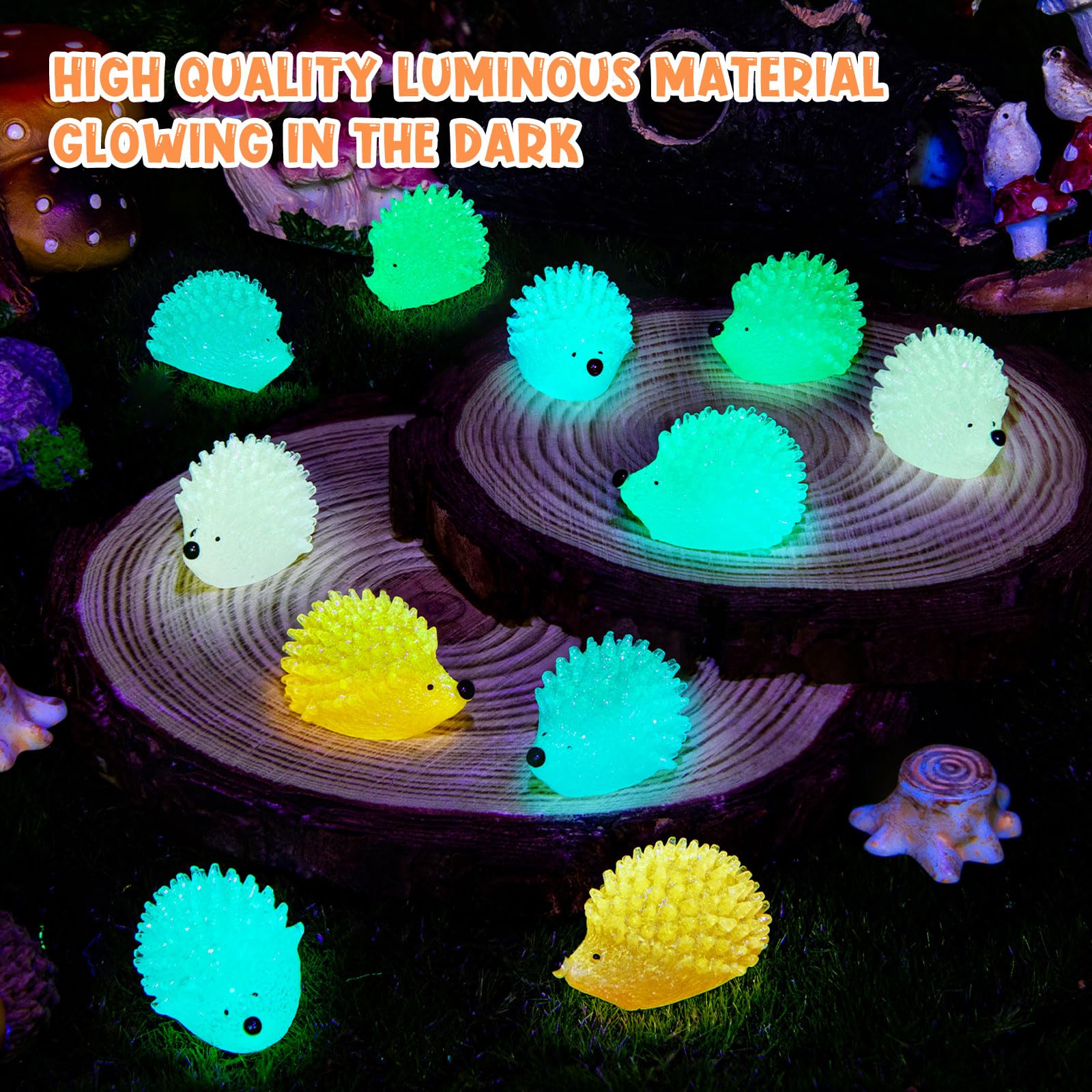 60 Glow-in-the-Dark Mini Resin Hedgehogs for Dollhouse, Garden & DIY Decor