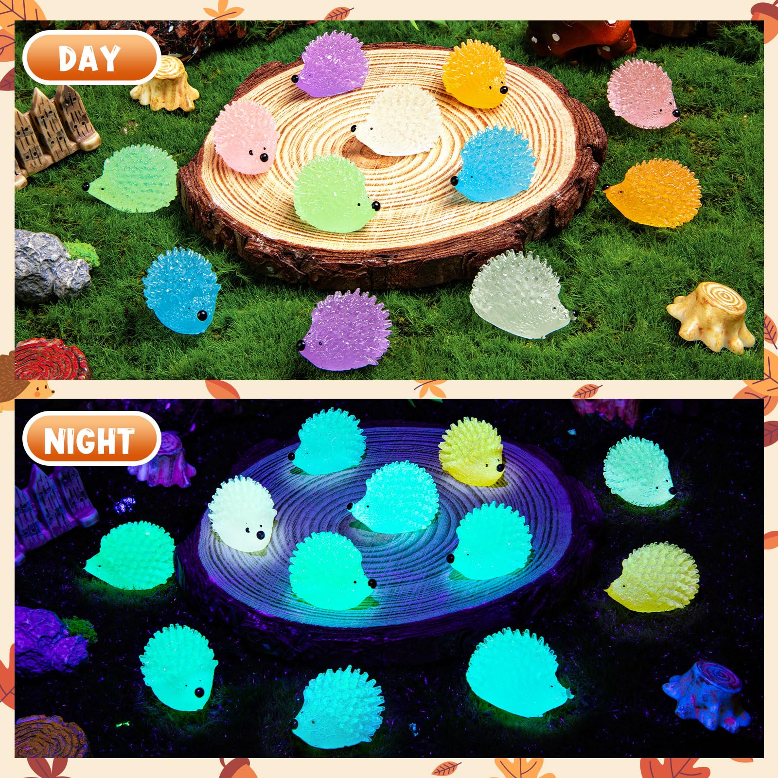 60 Glow-in-the-Dark Mini Resin Hedgehogs for Dollhouse, Garden & DIY Decor
