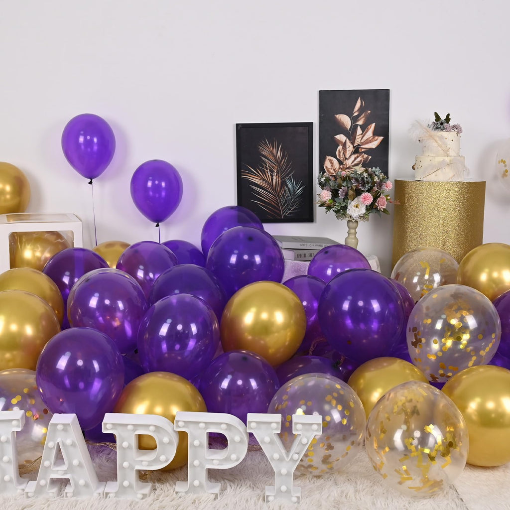 60-Pack Purple & Gold Confetti Balloons – 12 Inch Metallic Latex Party Decorations with Ribbons