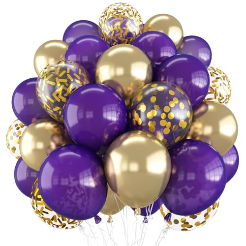 60-Pack Purple & Gold Confetti Balloons – 12 Inch Metallic Latex Party Decorations with Ribbons