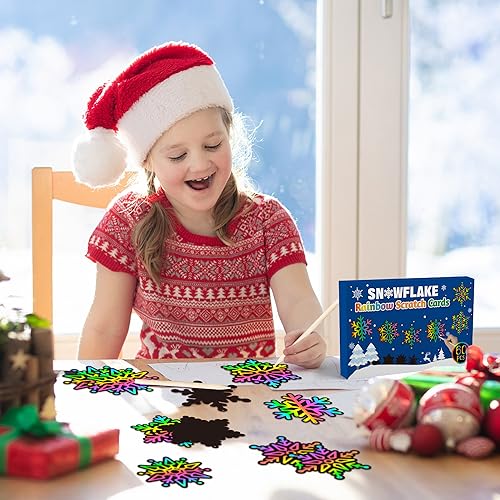 60-Pack Snowflake Scratch Cards for Kids – Winter DIY Rainbow Art Ornaments with Sticks & Ribbon