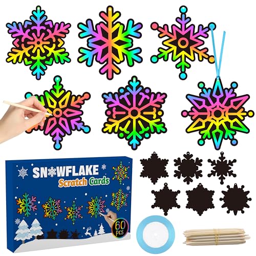 60-Pack Snowflake Scratch Cards for Kids – Winter DIY Rainbow Art Ornaments with Sticks & Ribbon