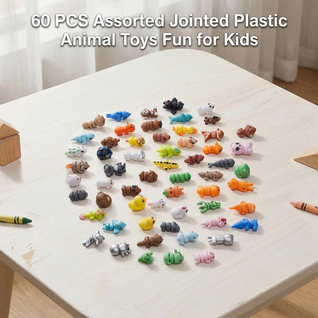 60-Piece 3D Printed Animal Figurines Mystery Pack – Articulated Fidget Toys for Stress Relief, Desk Decor, Party Favors