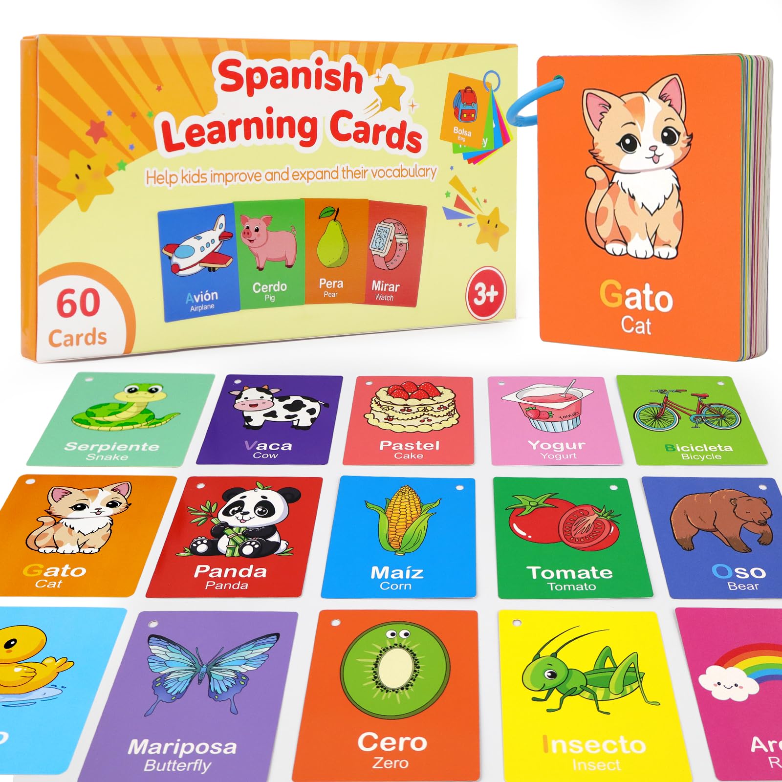 60-Piece Bilingual Toddler Flash Cards – Numbers, Colors, Shapes & Sight Words in Spanish & English by Edumix