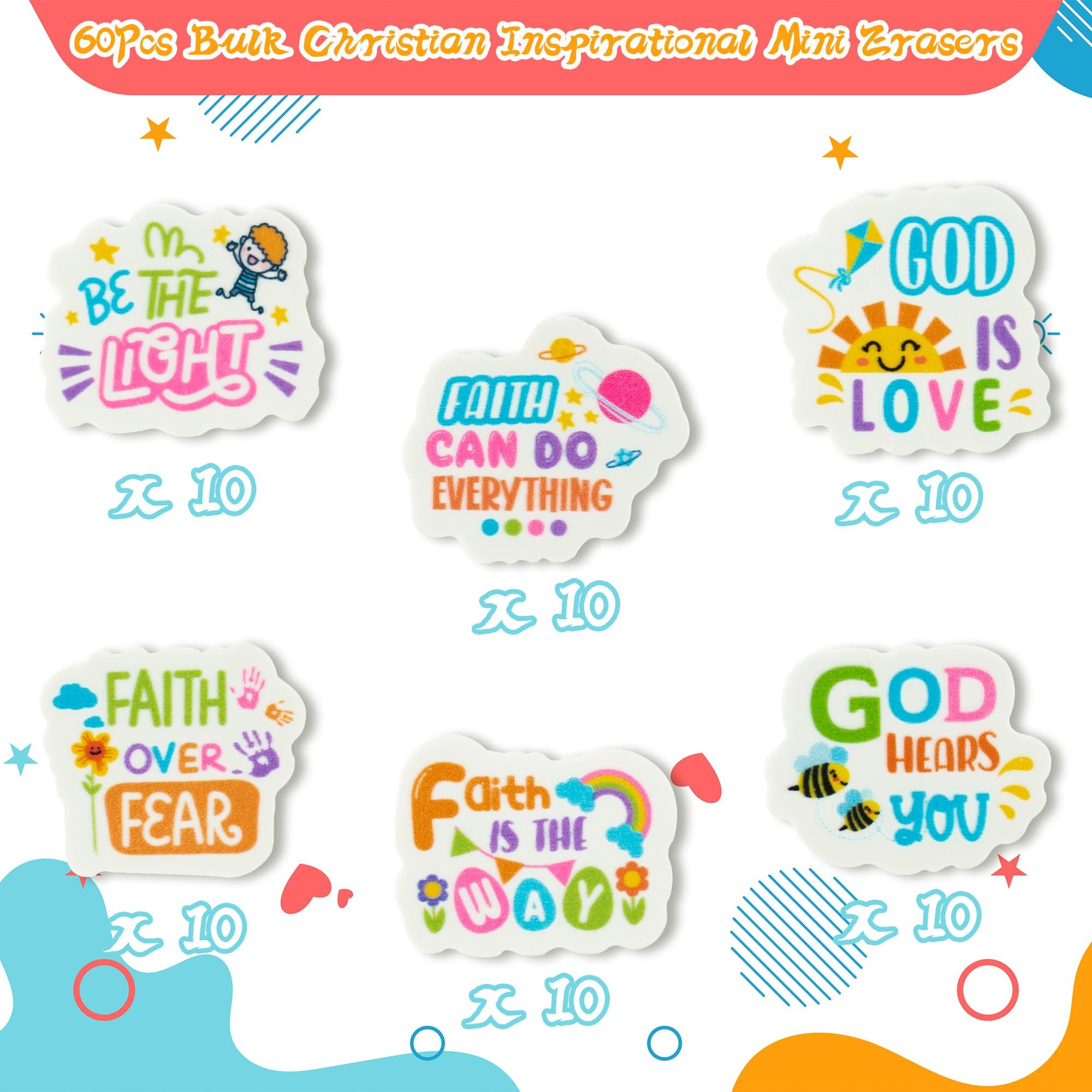60-Piece Christian Inspirational Mini Erasers, Faith Over Fear Pencil Erasers for Kids, Classroom Rewards & Sunday School Supplies