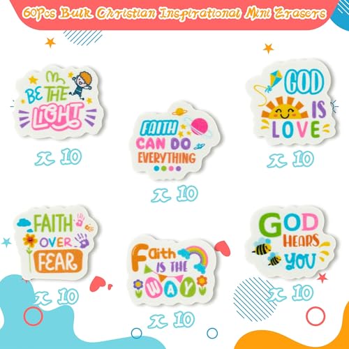60-Piece Christian Inspirational Mini Erasers, Faith Over Fear Pencil Erasers for Kids, Classroom Rewards & Sunday School Supplies