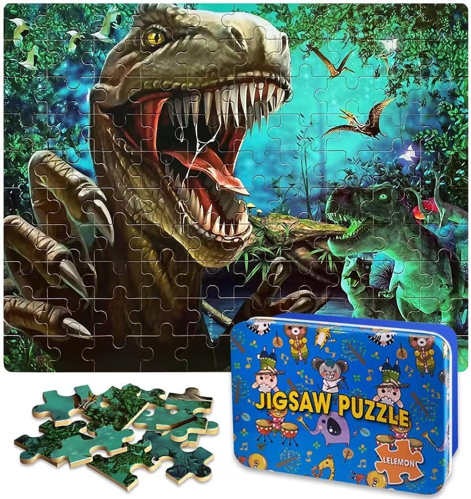 60-Piece Dinosaur Jigsaw Puzzle for Kids Ages 4-8 – Wood Puzzles in Metal Box, Fun Educational Toy for Boys & Girls