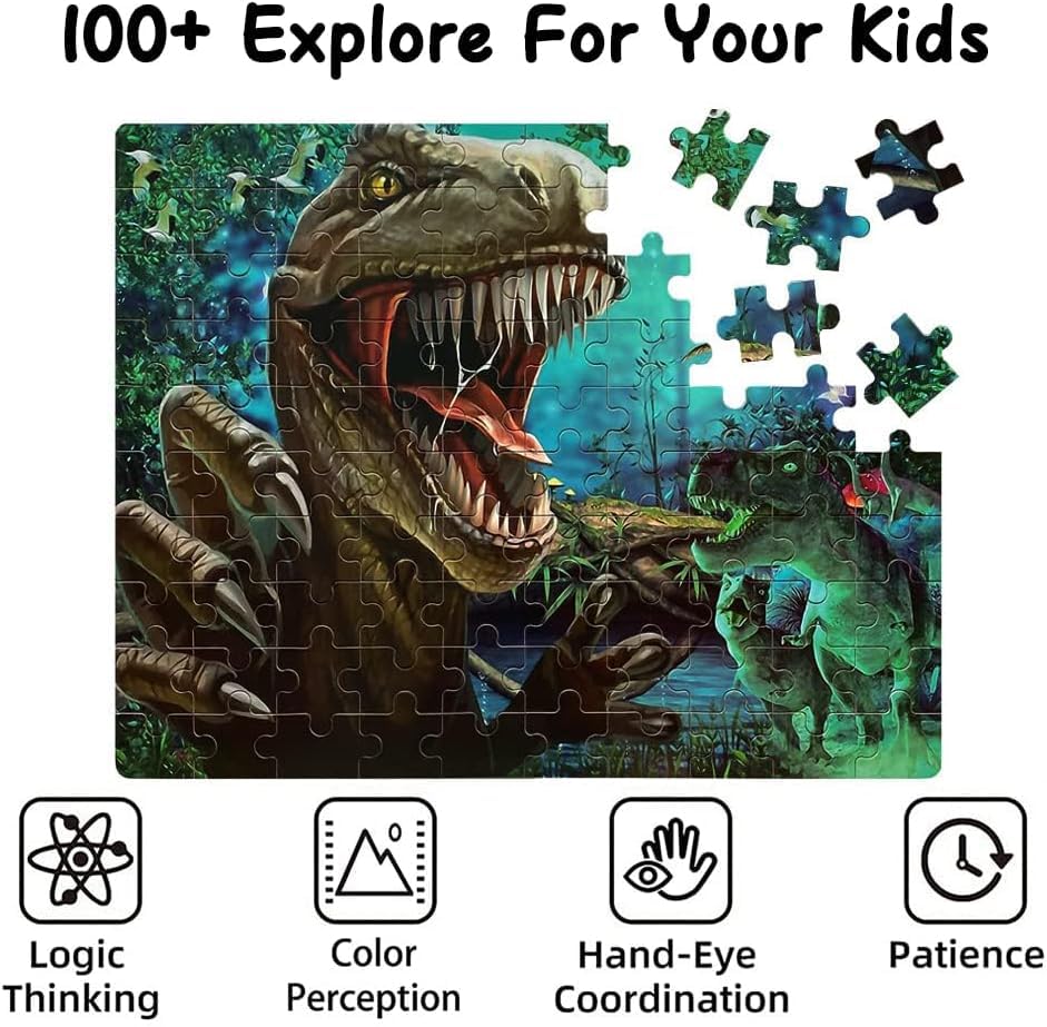 60-Piece Dinosaur Jigsaw Puzzle for Kids Ages 4-8 – Wood Puzzles in Metal Box, Fun Educational Toy for Boys & Girls