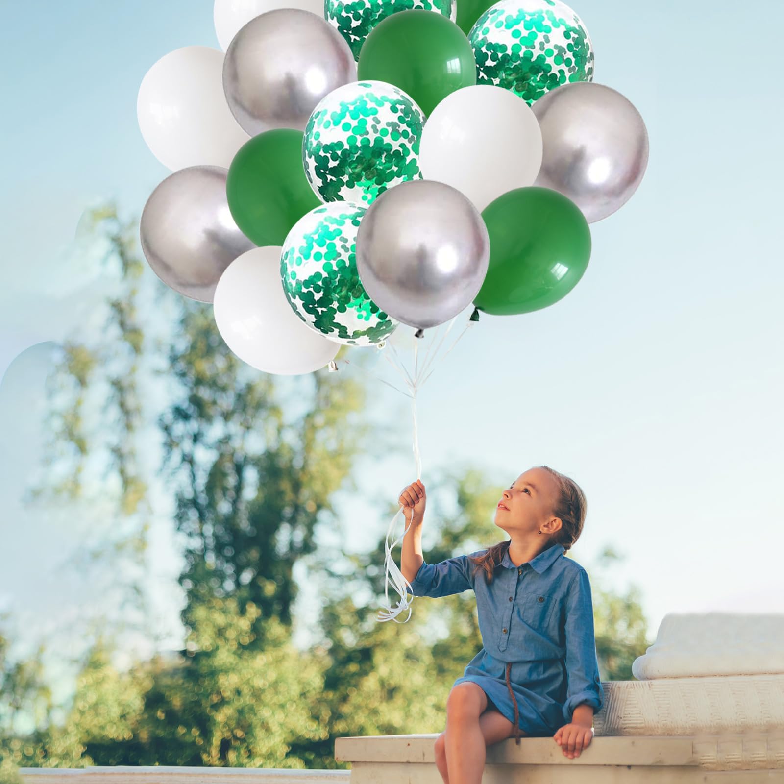 60-Piece Green and White Balloon Set – 12 Inch Emerald, Silver, and Glitter Confetti for Party Decor