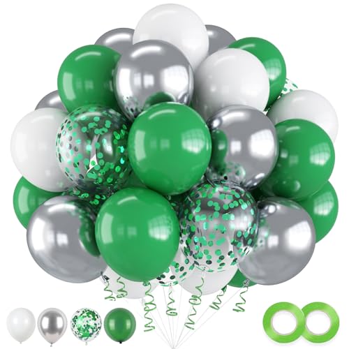 60-Piece Green and White Balloon Set – 12 Inch Emerald, Silver, and Glitter Confetti for Party Decor