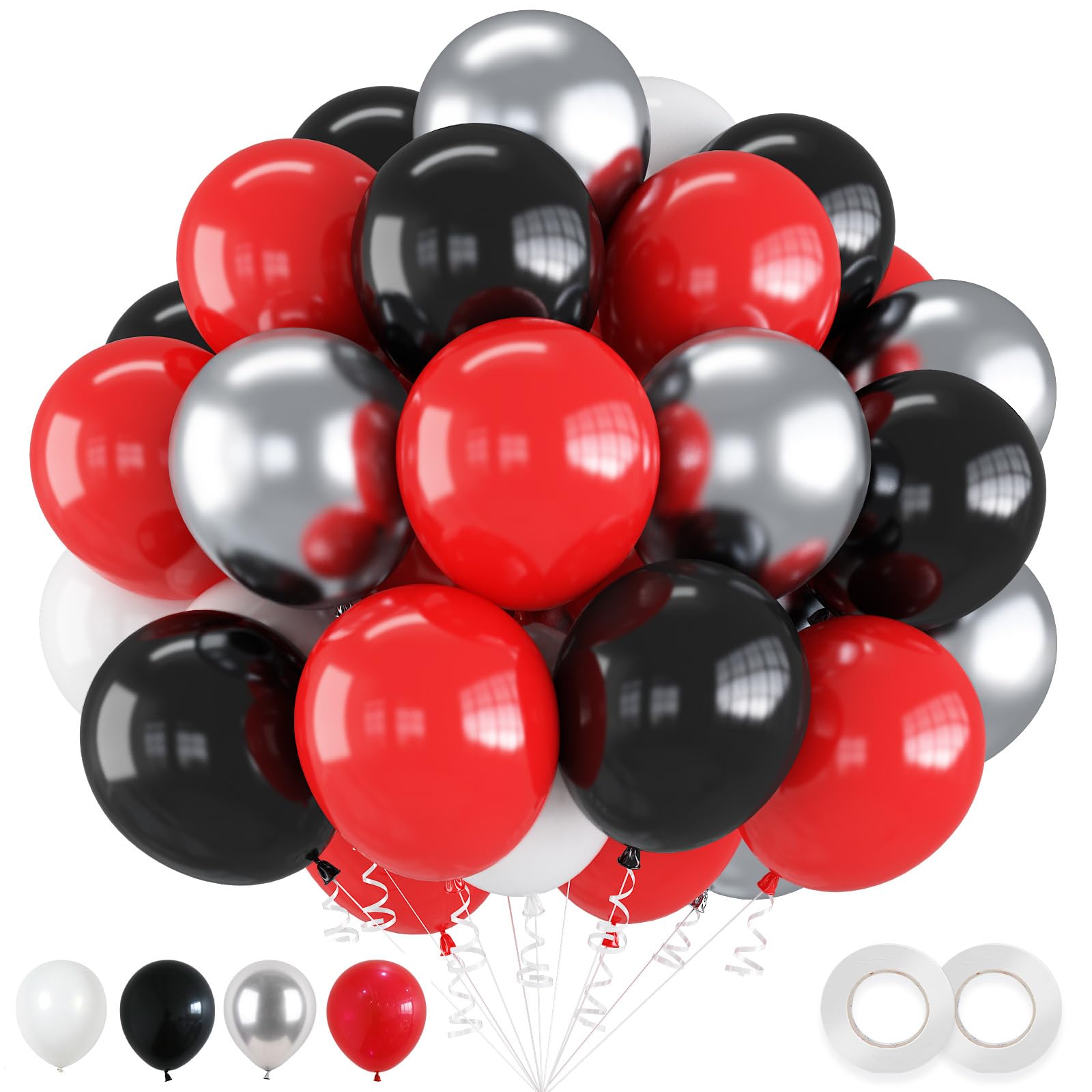 60-Piece Red, Black, White & Metallic Silver Balloon Set – 12 Inch Latex for Hero Theme Parties & Graduation